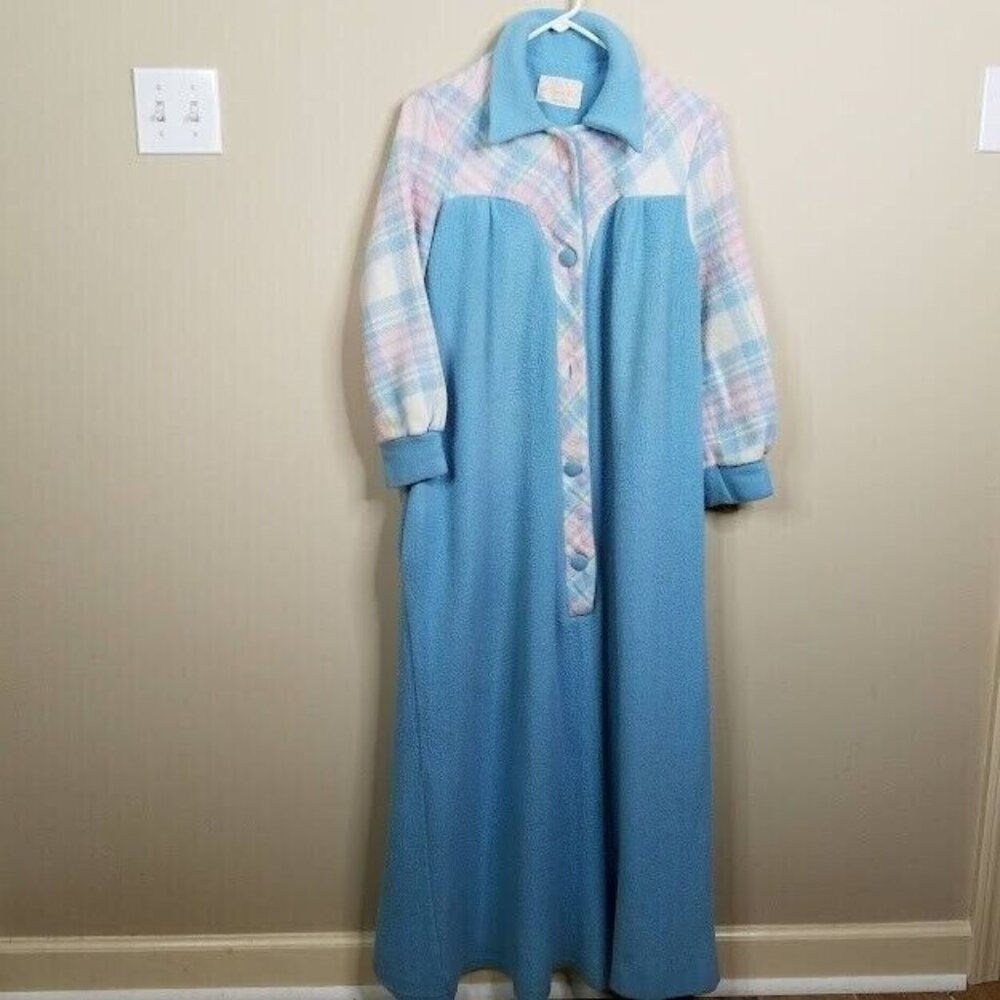 Sears At Home Wear Womens Blanket Robe Size Large Blue Buttons Vintage Housecoat
